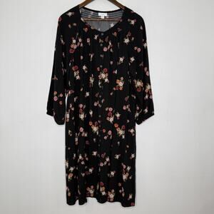 J Jill Dress Womens Large Black Floral Button Front Rayon Smocked Midi Boho